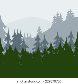 Vector illustration wood and mountains in the morning