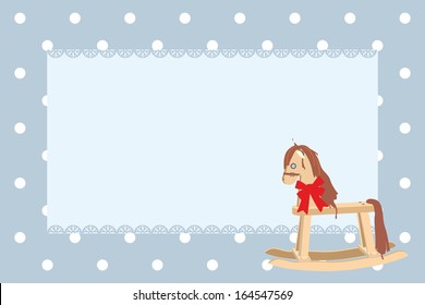 Vector illustration wood rocking-horse with red bow on a blue background with circles and empty space for text