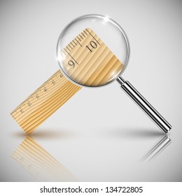 Vector illustration of wood ruler and a magnifier