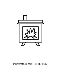 Vector illustration of wood stove. Line icon of modern furnace. Heating appliance for home. Front view.