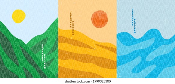 Vector illustration. Wood surface texture. Mountain peak, desert hills, sea waves. Line pattern. Background asian style. Design for poster, cover, web template, brochure, postcard, flyer, wall decor