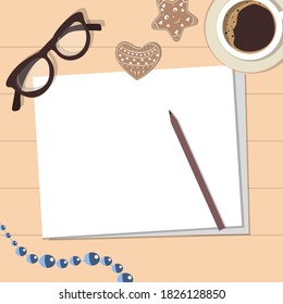 
Ilustración vectorial de una mesa de madera con café, papel blanco, perlas y galletas.