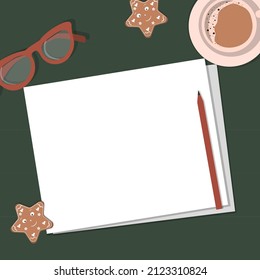 
Vector illustration of a wood table with coffee, white paper, beads and cookies.