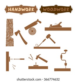 Vector illustration wood work hand tools silhouette set with shown working process and sign boards with words Handwork and Woodwork, all white areas are cut off