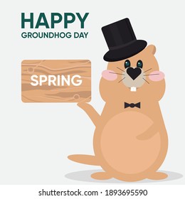 Vector illustration of woodchuck who is holding a wooden board with an inscription Spring. Happy groundhog Day design. Postcard, banner, poster, social media template.
