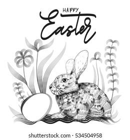 Vector illustration in woodcut style. Easter bunny and egg for menus, invitations, e-mail, banner, poster, party, event.  All elements are isolated and editable.