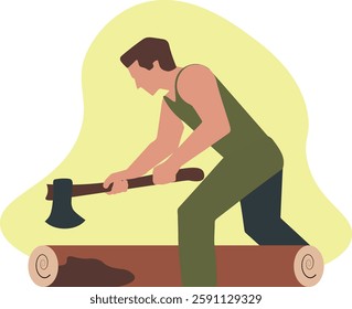 Vector Illustration of a Woodcutter Chopping Firewood with an Axe