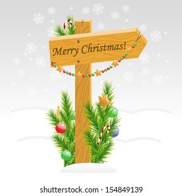 Vector illustration of wooden arrows decorated with Christmas toys and Christmas tree on background of snowflakes with text