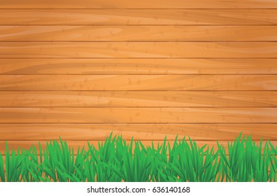 Vector illustration of wooden background with green grass
