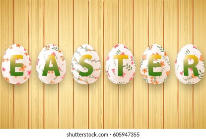 Vector illustration of Wooden background with set ornamental Easter eggs