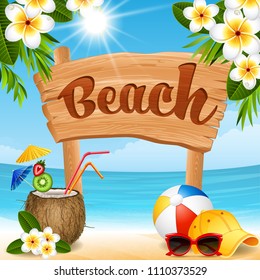 Vector illustration - wooden banner, coconut cocktail and ball on a beach