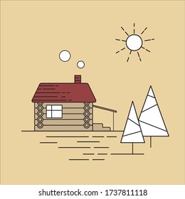 Vector Illustration Wooden Barn. Line Art Agricultural Farmhouse. Countryhouse With Sun And Trees. Landscape With Ranch House And Pines On Bright Background. Wooden Chalet Exterior In Linear Style. 