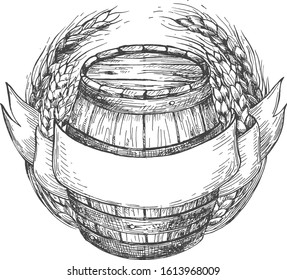 Vector illustration of wooden barrel with a ribbon and wheat crops frames. Place for text. Oktoberfest logo design. Vintage hand drawn style.