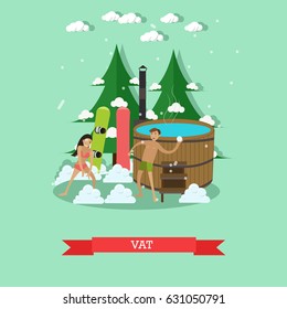 Vector illustration of wooden barrel vat with hot water, young couple snowboarders in swimsuits playing snowballs. Outdoors winter fun design element in flat style.