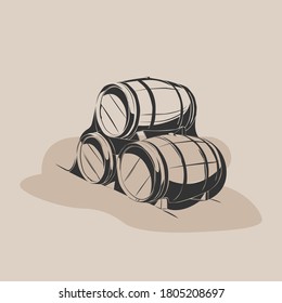 Vector illustration of wooden barrels for aging alcohol - wine, beer, cognac. Vector winery icon for design, website, manu, design.