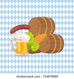 Vector illustration of wooden barrels, glass of bright beer with foam, beverage ingredients as wheat and hop and german sausage on checkered background
