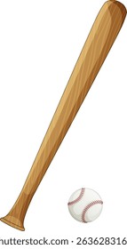 Vector illustration of a wooden baseball bat and ball. Clean lines, realistic texture, suitable for sports-themed designs