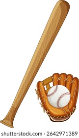 Vector illustration of a wooden baseball bat, glove, and ball. Clean lines, warm colors, and realistic details