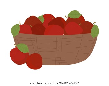 Ilustração vetorial de uma cesta de madeira preenchida com maçãs vermelhas frescas, cada uma adornada com folhas verdes. Esta composição simples mas vibrante captura a essência da colheita e abundância.
