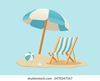 Ilustración vectorial de Silla de playa de madera, paraguas azul, y bola. Vacaciones de verano en la Ilustración vectorial de la playa.