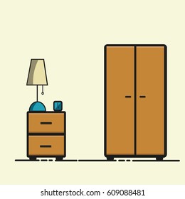 Vector illustration of wooden bedside table with lamp and clock beside closet on light background.