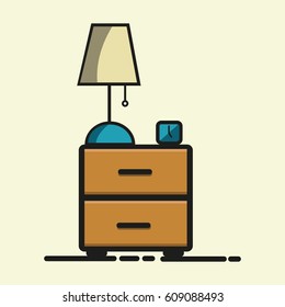 Vector illustration of wooden bedside table with lamp and clock on light background.