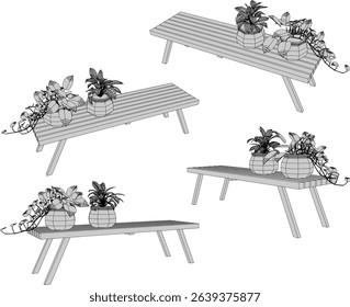 vector illustration of wooden bench chair design with decorative plants for home terrace interior with creeping leaves