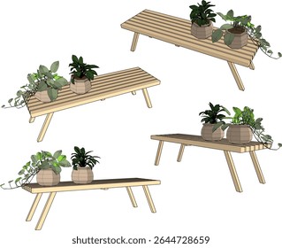 vector illustration of wooden bench chair design with decorative plants for home terrace interior with creeping leaves