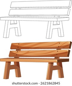 Vector illustration of a wooden bench with detailed texture and outline version. Simple composition, warm colors, clean lines