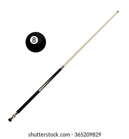 Vector Illustration Wooden Billiard Cue And Eight Black Pool Ball Isolated On White Background. Pool Stick And 8 Ball