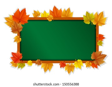 Vector illustration of wooden blackboard with leaves