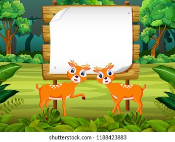 vector illustration of the wooden board blank space with two cute dear with forest background
