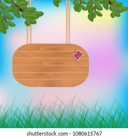 vector illustration wooden board pointer on a rope on a tree with leaves on a colored nature background near grass in spring and summer for advertising and a bigboard with a butterfly