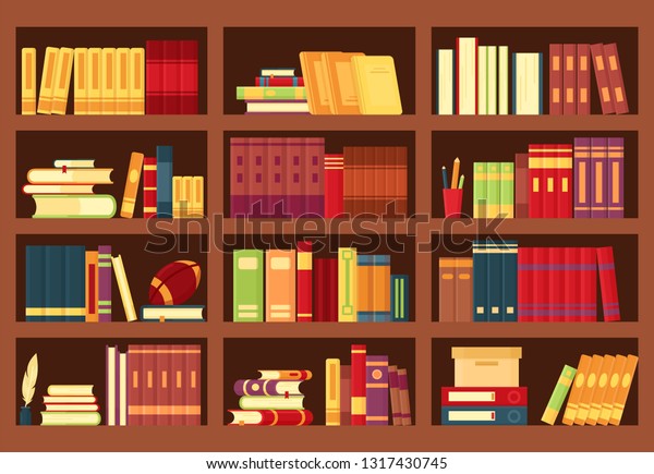 Wooden bookshelves with books, pencils, pile textbooks, magazines in flat style. Bookcase for bookstore background, wallpaper. 