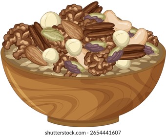 Vector illustration of a wooden bowl containing assorted nuts and seeds in a flat, detailed style with natural earthy colors and clean outlines