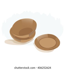 Vector illustration. Wooden bowl and dish on white background.