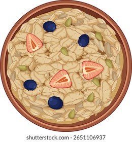 Vector illustration of a wooden bowl filled with oatmeal, topped with sliced strawberries, blueberries, pumpkin seeds, and sunflower seeds in flat design style