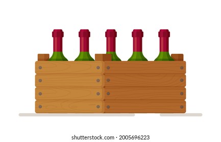 Ilustración vectorial de una caja de madera con botellas de vino. Vino rojo. Caja de madera aislada sobre fondo blanco. 