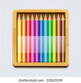Vector illustration of wooden box of color pencils