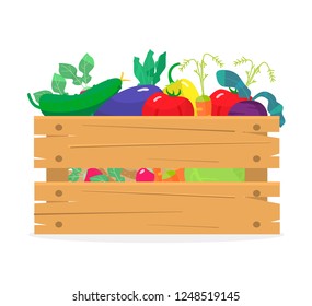 Vector illustration of wooden box with different vegetables. Cabbage, carrots, cucumbers, eggplant, radish, tomatoes, potatoes, leek, beet