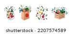 Vector illustration - Wooden box and grocery bag with raw vegetables, fruits. Tomato, avocado, aubergines, beetroot and greens. Vegan lifestyle. Perfect for supermarkets, local shops, delivery, market