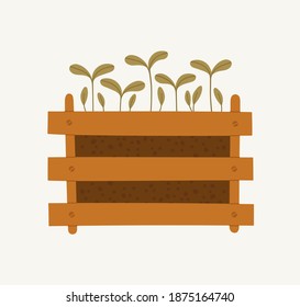 Vector illustration of wooden box with the ground and greenery sprouts isolated on beige background. Hand-drawn. Concept of healthy eating, springtime gardening, farming.