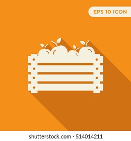 Vector illustration of a wooden box with isolated apple icon with long shadow on orange background