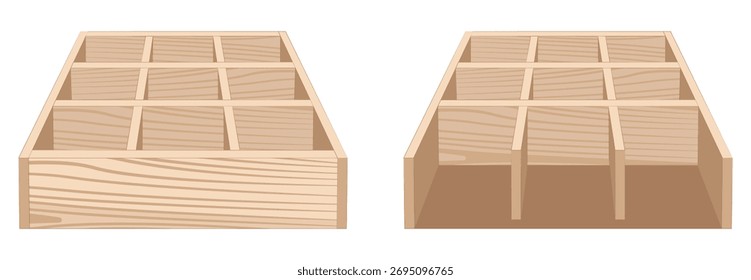 Ilustración vectorial de una caja de madera con múltiples compartimentos, apta para almacenamiento o exposición.