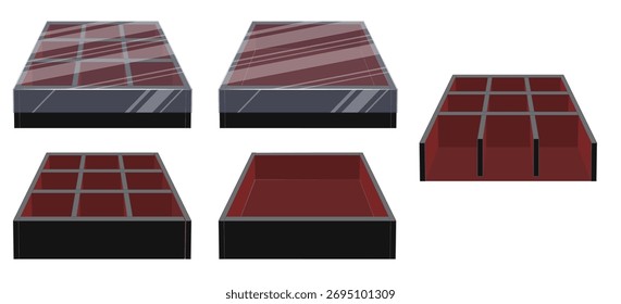 Ilustración vectorial de una caja de madera con múltiples compartimentos, apta para almacenamiento o exposición.
