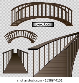 Vector illustration of a wooden bridge set round bridge, the arch goes in the side and right into the Dale the prospect is isolated on a transparent background