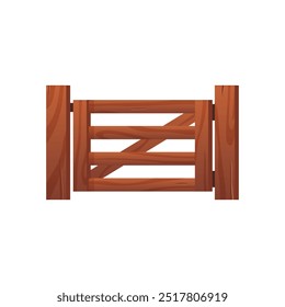 Vector illustration of wooden brown gate for a fence. The closed wicket has horizontally arranged boards on an isolated background in a flat cartoon style.