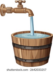 Vector illustration of a wooden bucket being filled with water from a tap, showcasing detailed textures and realistic colors