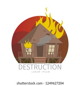 Vector Illustration Wooden Bungalow in Flame. Banner Cartoon Illustration Destruction Bungalow after Fire. Icon Burning Bungalow Isolated on White Background. Concept destruction by force Fire