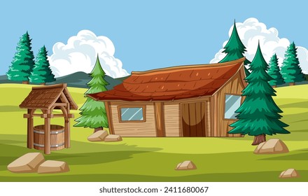 Vector illustration of a wooden cabin among trees